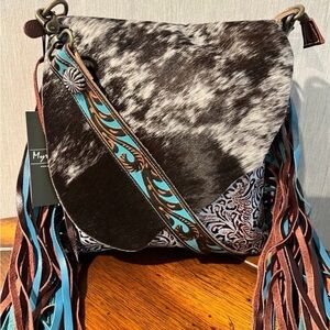 New Myra Leather / Hair on Cowhide Fringe Boho Western Concealed Crossbody Bag